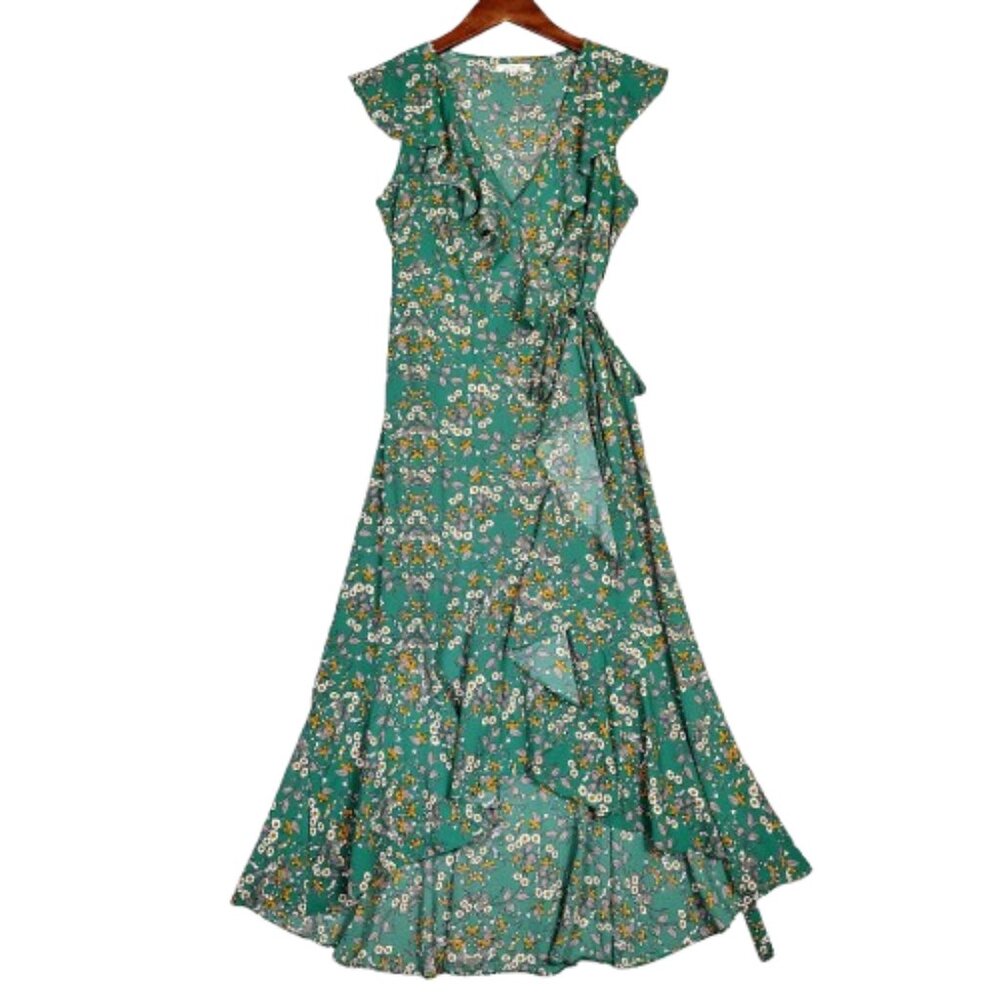 Max Studio Midi Dress Women's Small Green Floral Wrap Ruffle Cap Sleeve Cottage